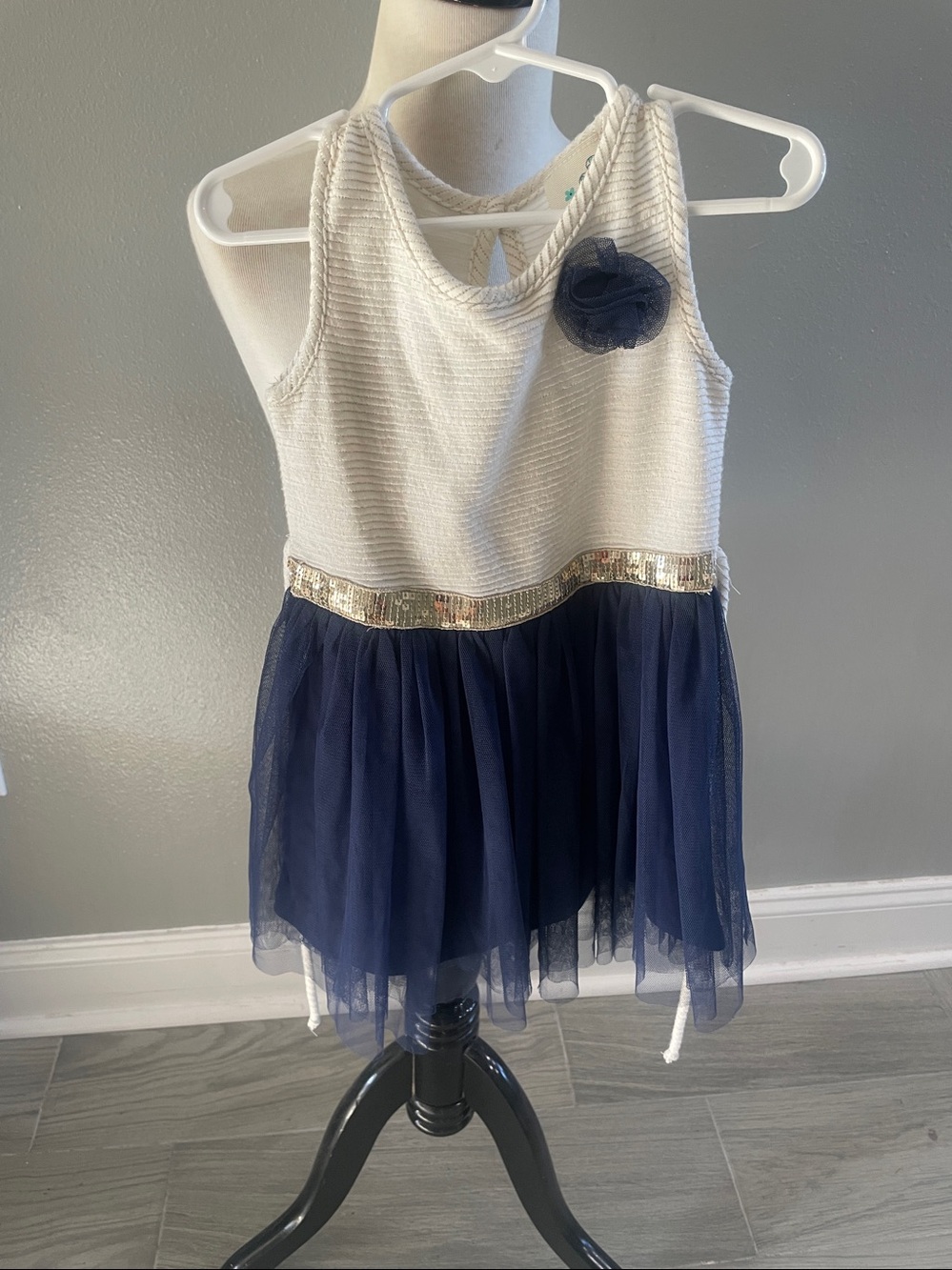 Lily Bleu White & Navy Tulle Dress with Gold Sequin Waist